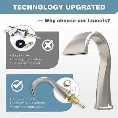 Bathroom Faucets 3 Hole Bathroom Sink Faucet with Pop Up Drain and Water Supply Hoses 8 Inch Waterfall Bathroom Faucet Two Handles for Vanity,Lavatory,Restroom,Commercial,Brushed Nickel