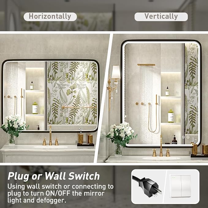 36x28 Inch LED Black Frame Bathroom Mirror,3 Color | ETL Listed,Anti-Fog,3000K/4500K/6000K Dimmable,Horizontal & Vertical,Wall Mounted,Memory Function