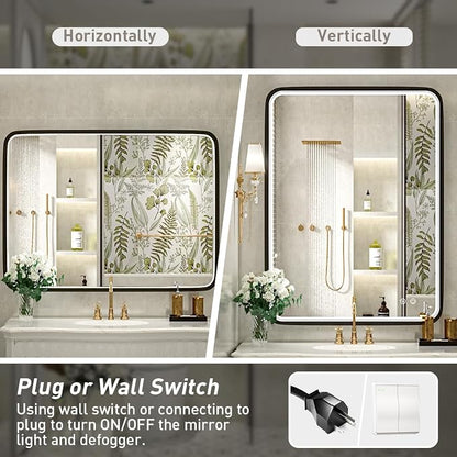 36x28 Inch LED Black Frame Bathroom Mirror,3 Color | ETL Listed,Anti-Fog,3000K/4500K/6000K Dimmable,Horizontal & Vertical,Wall Mounted,Memory Function