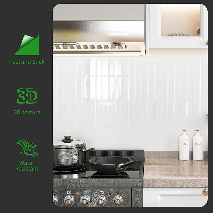 LONGKING 10-Sheet Bright White Peel and Stick Backsplash for Kitchen Wall, Kitchen Backsplash Wall Tile, Waterproof Back Splash Stick on Tiles for Bathroom | Peel and stick backsplash, self-adhesive wall tile, Bright White, waterproof, kitchen bathroom...