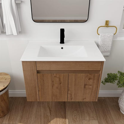 Henf 30 Inch Wall Mount Bathroom Vanity W/Sink Combo, Modern Design Vanity Cabinet with White Ceramic Basin, Floating Mounting Bathroom Cabinet Set with Double Doors and Adjustable Storage Shelf