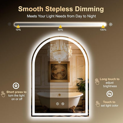 Arched LED Lighted Bathroom Mirror with Lights 20"x28"Smart Anti-Fog | Dimmable 3 Color Modes, Backlit and Front Lit, Memory Function, HD Tempered Glass,Touch Sensor