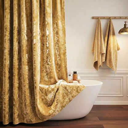 TAMGHO Mustard Gold Shower Curtain for Bathroom, Crushed Velvet Dark Mustard Yellow Shower Curtain with Gold Decro Metal Hooks, Machine Washable Thick Fabric, 72 x 72 inches
