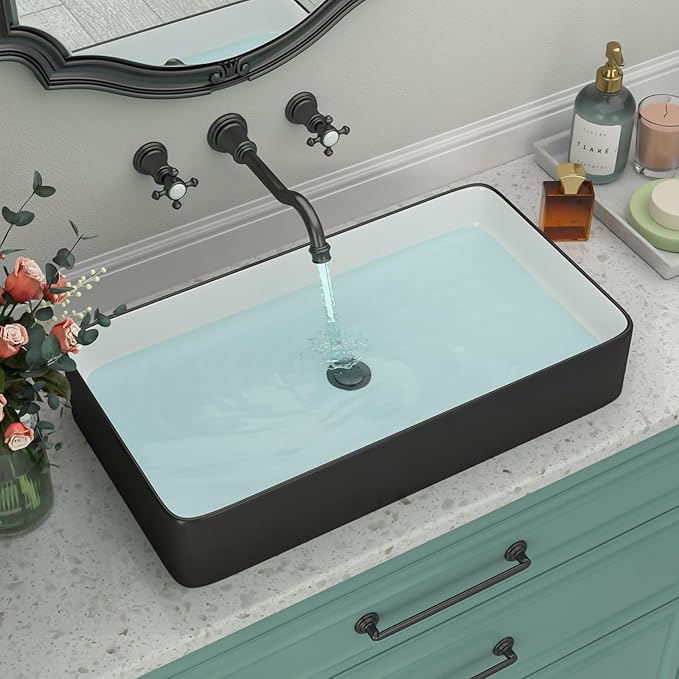 Bathroom Vessel Sink - Beslend 24x14 Inch Rectangular Modern Above Counter Ceramic Porcelain Vessel Sink White and Black Art Basin