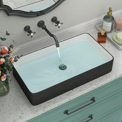 Bathroom Vessel Sink - Beslend 24x14 Inch Rectangular Modern Above Counter Ceramic Porcelain Vessel Sink White and Black Art Basin