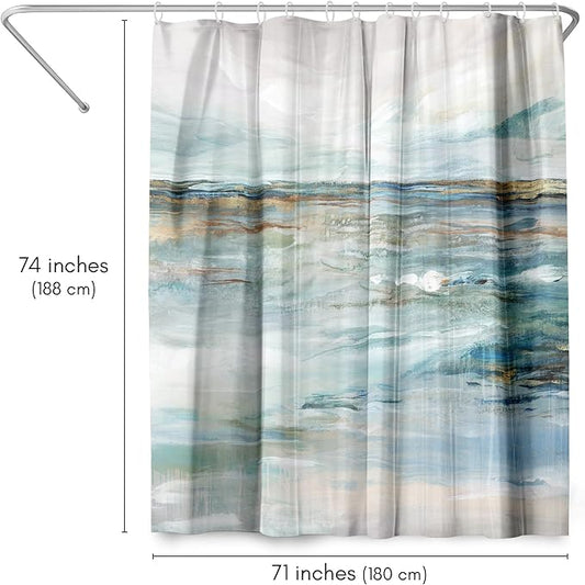 Americanflat 71x74 Beach Shower Curtain - Water-Resistant Long Shower Curtain with Coastal Landscape Design - Durable Metal Grommets and 12 Hooks - Polyester - Sky Blue, Seafoam Green, Beige and Grey