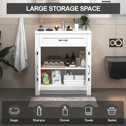 30.9 inch Bathroom Sink Vanity Combo, Small Freestanding Single Bath Vanity Sink Set with 2 Doors, White Single Basin Bathroom Storage Cabinet