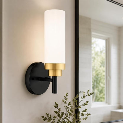 Emak Modern Wall Sconce, Black and Gold Bathroom Light Fixtures with Milk Glass Shade, Sconces Wall Lighting for Bathroom, Bedroom, Living Room, Hallway, WS085-BKBGD-ML