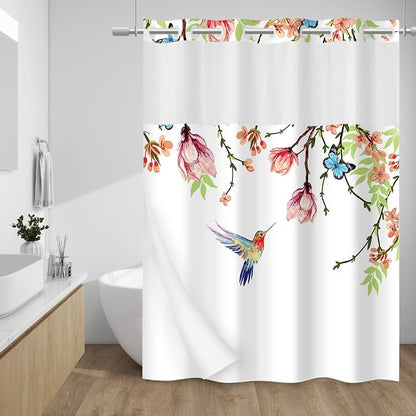 No Hook Floral Shower Curtain with Liner, Pink, 71x74 | Snap in Liner, 3 in 1, Water Repellent, Easy Install, Machine Washable, Hotel Style for Bathroom, Watercolor Pattern