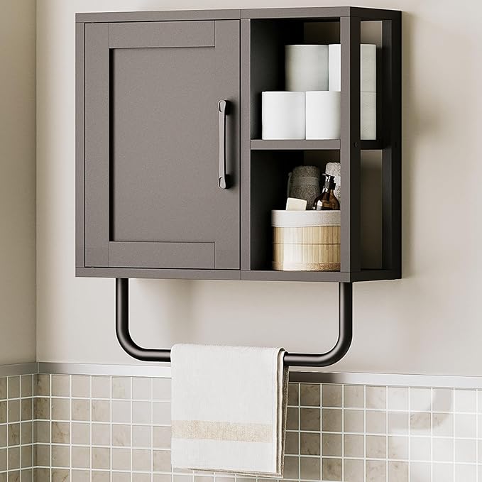 Medicine Cabinet, Bathroom Wall Cabinet with Towel Bar, Adjustable Shelf and Open Partition, Over The Toilet Storage Cabinet, for Bathroom, Laundry Room, Living Room, Kitchen, Black