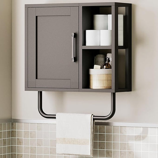Medicine Cabinet, Bathroom Wall Cabinet with Towel Bar, Adjustable Shelf and Open Partition, Over The Toilet Storage Cabinet, for Bathroom, Laundry Room, Living Room, Kitchen, Black