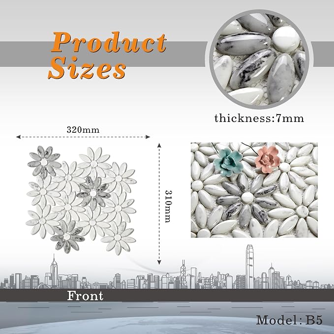 5 Sheets Marble Flowers Mosaic Wall and Floor Tiles for Bathroom and Kitchen 12.2 * 12.6 Inches 1.07 sq.ft