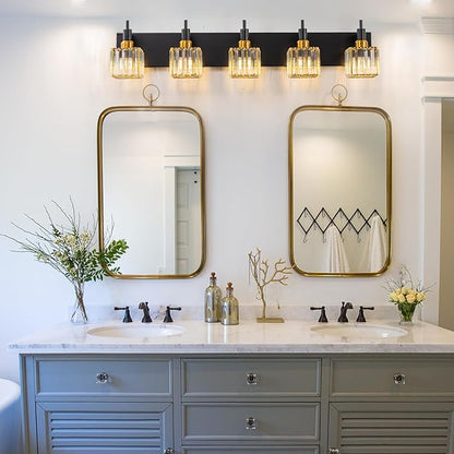 Modern Crystal Bathroom Vanity Light Black Gold 5-Lights Bathroom Lighting Fixtures Over Mirror, Brass Wall Light Fixtures