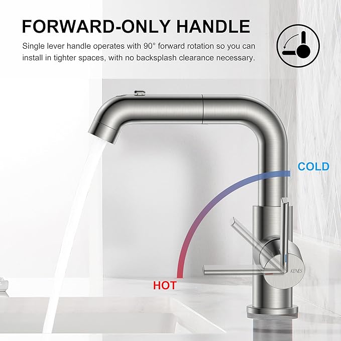 KENES Single Hole Bathroom Faucet with Pull Out Sprayer, Brushed Nickel Single Handle Pull Down Bathroom Faucets, Vanity Faucet with Pop Up Drain & Deck Plate, LJ-9055A