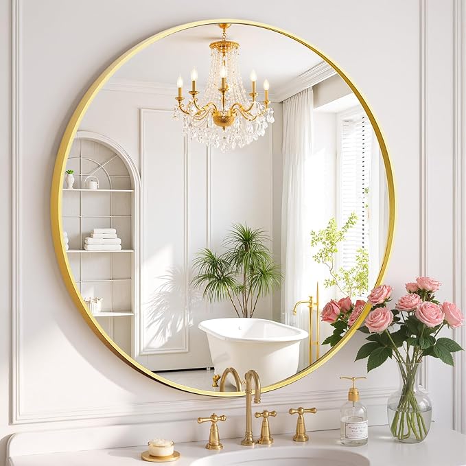 Round Wall Mirror 20 Inch Gold Vanity Mirror with Metal Frame | Modern Circle Wall Mounted Decorative Mirrors for Bathroom, Entryway, Bedroom, Living Room