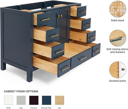 ARIEL Cambridge 42-inch Bathroom Vanity Base Cabinet,Solid Wood, 2 Soft Closing Doors, 9 Dovetail Drawers, Midnight Blue