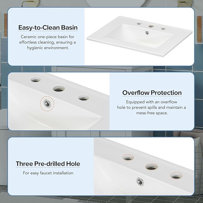 Harper & Bright Designs 48" Bathroom Vanity Set with Double Sink, Free Standing Single Basin Vanity Set with 2 Soft-Close Doors and Drawer, Wood Storage Cabinet with Ceramic Basin for Bathroom, White