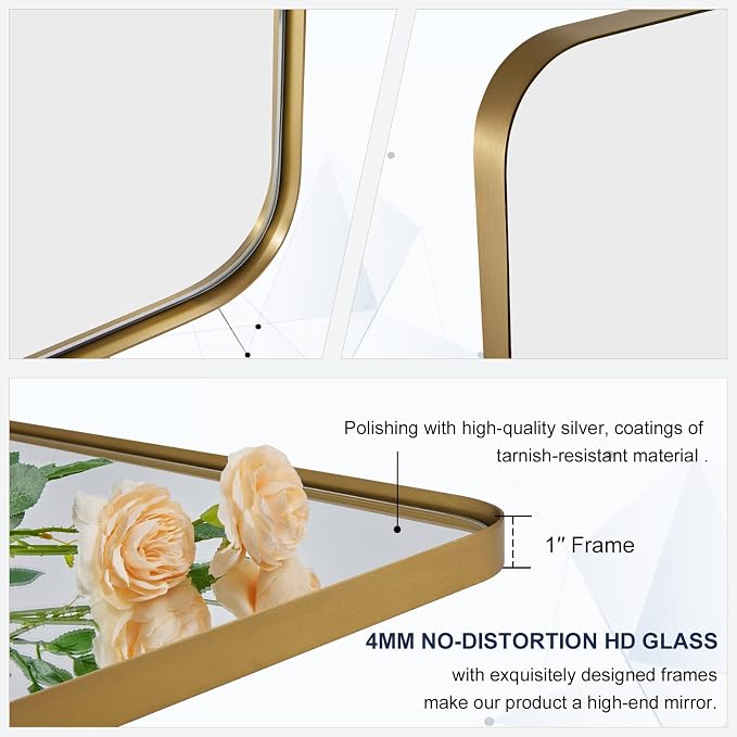 Gold Bathroom Mirrors for Over Sink, 24x30 Inch Brushed Gold Wall Mirror, Rectangular Metal Framed Vanity Mirror -Modern Clean Design with Superior Stainless Steel Frame
