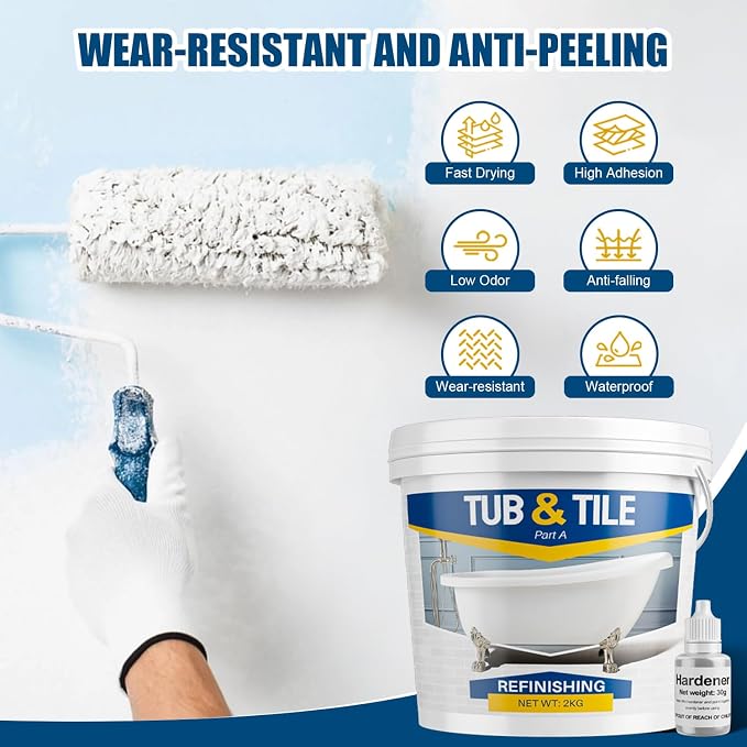 Tub and Tile Refinishing Kit, 66oz White Quick-Dry Tile Paint for Wall & Floor, Sink Bathtub and Toilets Paint for Bathroom, Kitchen, Toilets, Water Based