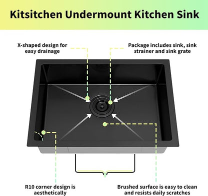 Kitsitchen Black RV Kitchen Sink,16 Guage T304 Stainless Steel Undermount Kitchen Sinks with Strainer & Bottom Gird, 23" x 16" x 7" Single Bowl Drop In Kitchen Sink Used at RV, Outdoor and Bathroom