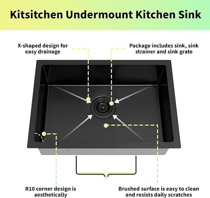 Kitsitchen Black RV Kitchen Sink,16 Gauge T304 Stainless Steel Undermount Kitchen Sinks with Strainer & Bottom Gird, 25"x16"x7" Single Bowl Drop In Kithcen Sink RV, Outdoor,Bathroom and Trailer