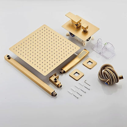 SaniteModar Shower Faucet Set 10 Inch, Brushed Gold Shower System | Rainfall Shower Head with Handheld Combo Spray, High Pressure Shower Combo Set Included Brass Valve and Trim kit