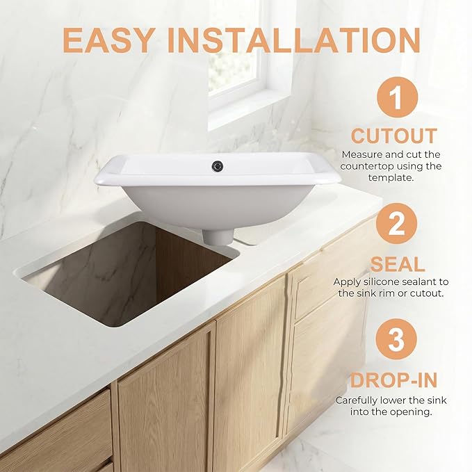 Bathroom Vessel Sink 21 Inch Drop In Bathroom Sink Rectangular Semi Recessed Sinks with Overflow White Ceramic Small Vanity Sinks for Bathrooms