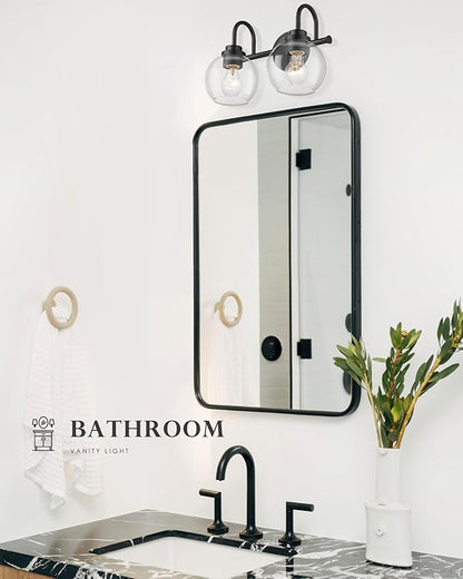 2-Light Bathroom Vanity Light Over Mirror, Matte Black Vanity Light with Clear Glass Shade, Bathroom Light Fixtures Wall Mount for Powder Room Bath, AD-22280-2W-BK