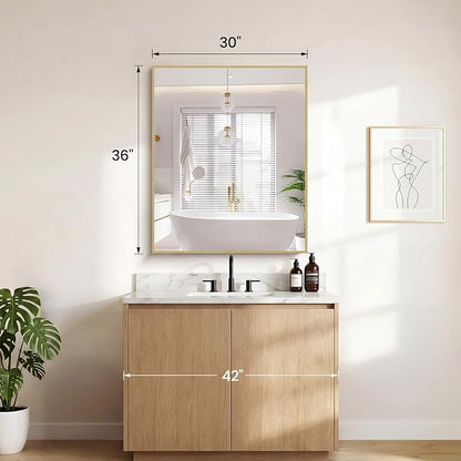 Sweetcrispy Bathroom Mirror, 30" x 36" Rectangle Wall Mount Mirrors | Rectangle Metal Frame Tempered Glass, Over Sink Home Decor, Modern Anti-Rust, Gold