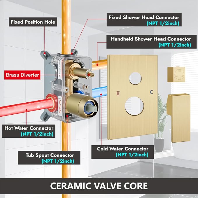 Midanya Shower System with Tub Spout,12 Inch Shower Head,Brushed Gold | with Valve & Trim Kit,Square Rain Head,Handheld Sprayer,Waterfall Spout,All Metal Wall Mount Bathroom Shower Tub Faucet Set