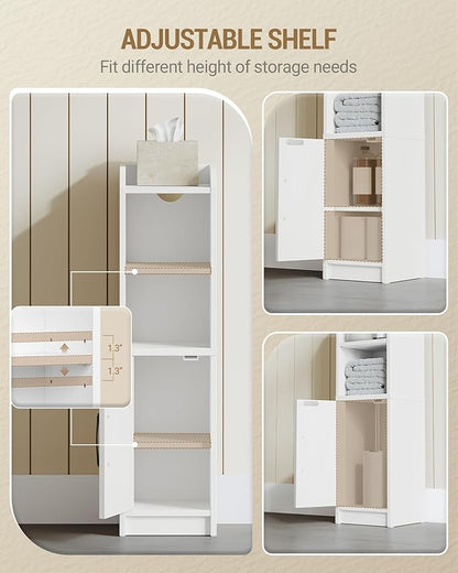 Bathroom Storage Cabinet, Small Farmhouse Corner Floor Cabinet with Door and Shelves, Narrow Toilet Paper Holder Stand, Bathroom Organizer with Adjustable Shelf, for Small Spaces, White
