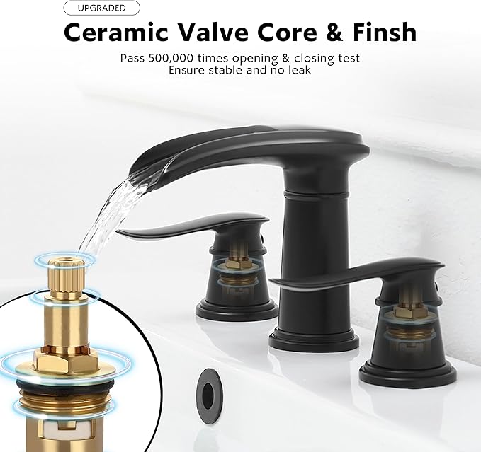 BWE Waterfall Bathroom Faucet, Matte Black 8 Inch Widespread Bathroom Sink Faucet Two-Handle with Pop-up Drain, for Vanity, Lavatory Sink