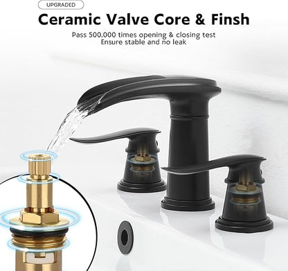 BWE Waterfall Bathroom Faucet, Matte Black 8 Inch Widespread Bathroom Sink Faucet Two-Handle with Pop-up Drain, for Vanity, Lavatory Sink