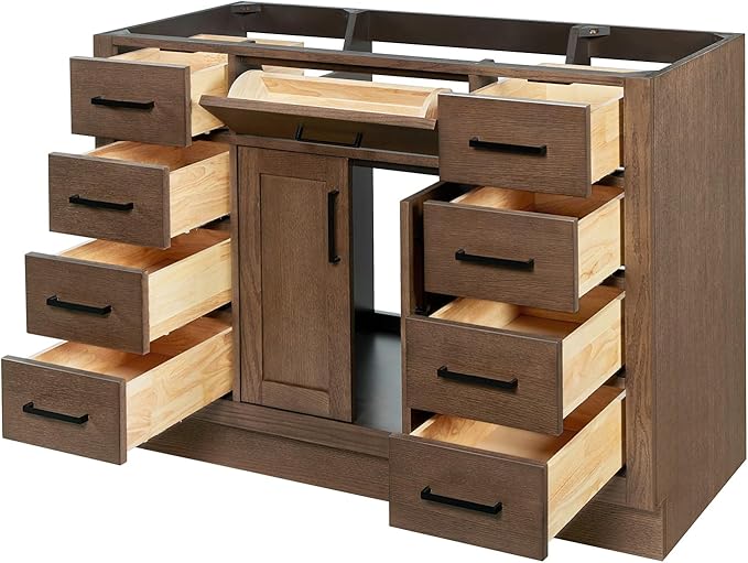 ARIEL Hepburn 48-inch Bathroom Vanity Base Cabinet,Solid Wood, 2 Soft Closing Doors, 9 Dovetail Drawers, Brown Oak