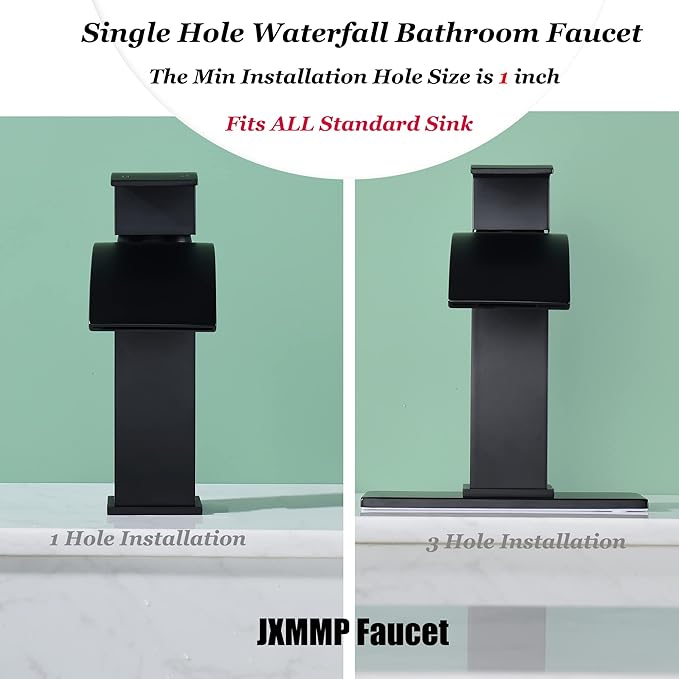 Black Waterfall Bathroom Faucet Single Hole, Bathroom Sink Faucet with Pop Up Drainer Assembly and Deck Plate for 3 Hole Installation JXM122BK