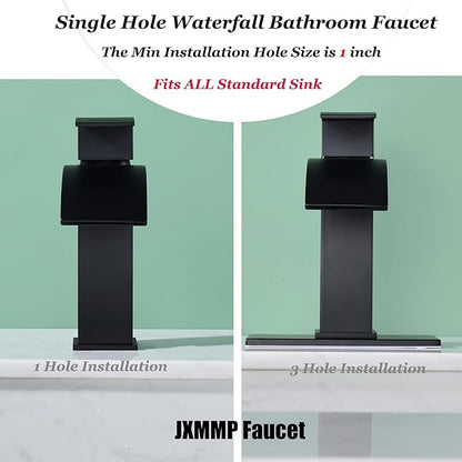 Black Waterfall Bathroom Faucet Single Hole, Bathroom Sink Faucet with Pop Up Drainer Assembly and Deck Plate for 3 Hole Installation JXM122BK