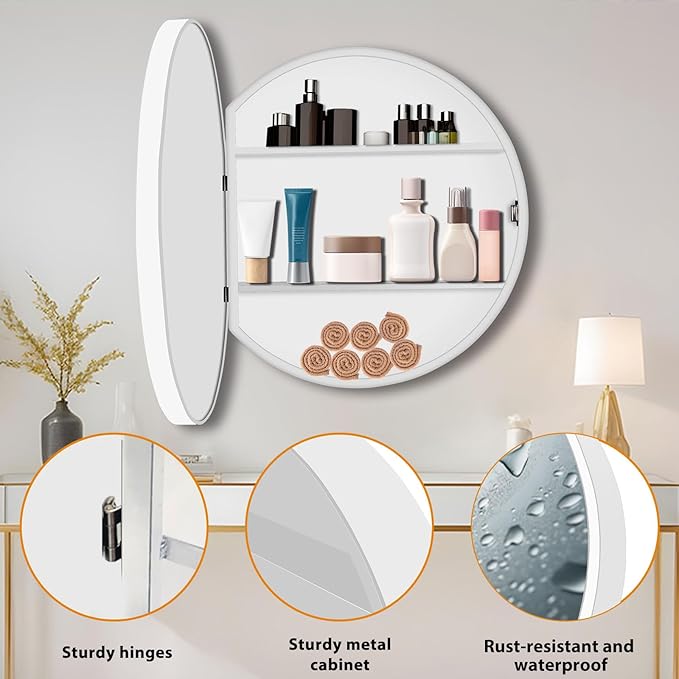 20 Inch Round Medicine Cabinet with Mirror, White Bathroom Medicine Cabinet for Wall Metal Framed, Surface Mount Only Circular Storage Cabinet with Vanity Mirror