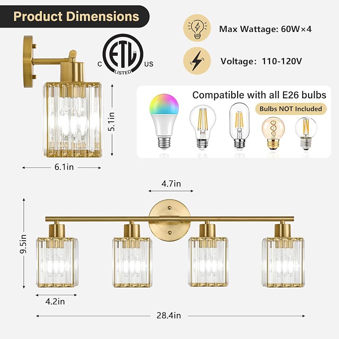 4 Light Bathroom Light Fixtures, Modern Crystal Vanity Lights over Mirror | Metal Frame, Bathroom Light with Square Crystal Shade, ETL Certified, E26 Ceramic Socket, Bulbs Not Included
