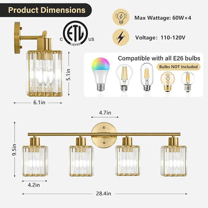 4 Light Bathroom Light Fixtures, Modern Crystal Vanity Lights over Mirror | Metal Frame, Bathroom Light with Square Crystal Shade, ETL Certified, E26 Ceramic Socket, Bulbs Not Included