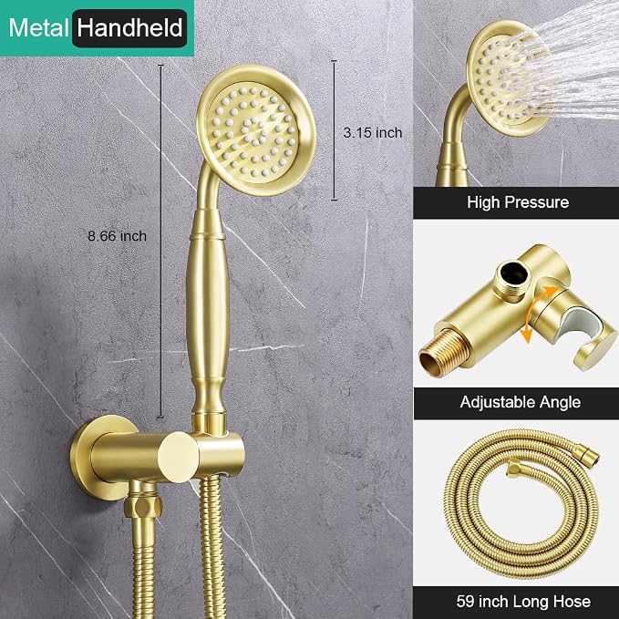 Dual Rain Shower Head System with Handheld Antique Faucet Set | Brushed Gold Finish, Multi-layer Plating, Vintage Rainfall, 3 Way Diverter Brass Valve with Trim Kit, Easy Install