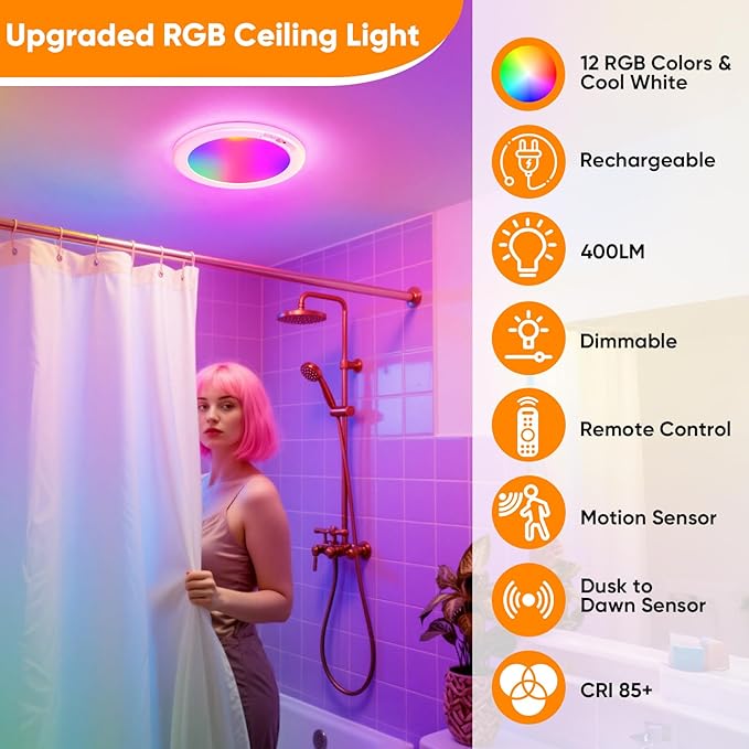 Rechargeable Motion Sensor Ceiling Light, Battery Closet Light 12 RGB Color | Wireless Battery Powered LED Shower Light, Magnetic Cordless Ceiling Light with Remote, Overhead Lamp for Pantry Shed, 2-Pack