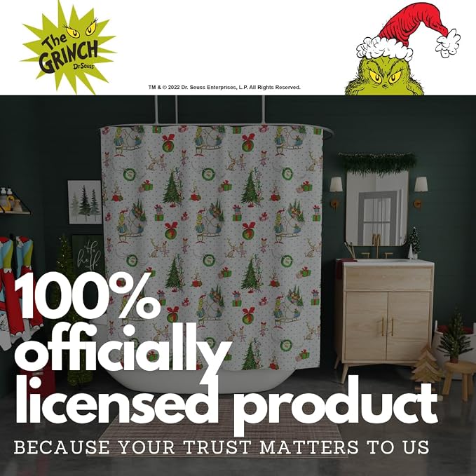 Grinch Wrapping Paper Holiday Christmas 13-Piece Shower Curtain Set, 72 x 72 Inch Fabric Curtain with Hooks, Bathroom Decor, Machine Washable, (100% Officially Licensed Product) by Franco Collectibles