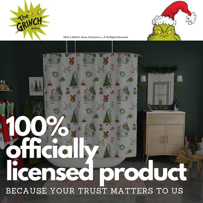 Grinch Wrapping Paper Holiday Christmas 13-Piece Shower Curtain Set, 72 x 72 Inch Fabric Curtain with Hooks, Bathroom Decor, Machine Washable, (100% Officially Licensed Product) by Franco Collectibles