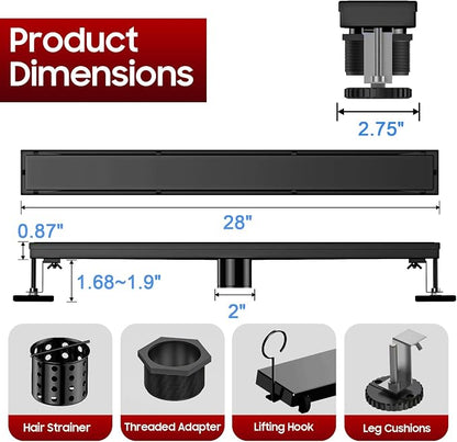 DLONE® Linear Shower Drain - 28 Inch Matte Black, with Tile Insert Pane | AISI 304 Stainless Steel Linear Drain, Rectangle Shower Floor Drain, with Adjustable Feet, Fits Bathroom & Balcony etc