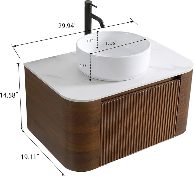 30" Preassembled Floating Bathroom Vanity with Round Sink, Walnut | Mid-Century Modern Style, Fluted & Soft-Close Drawer with U-shaped Wall, Sinterted Stone Countertop, Towel Rack Included