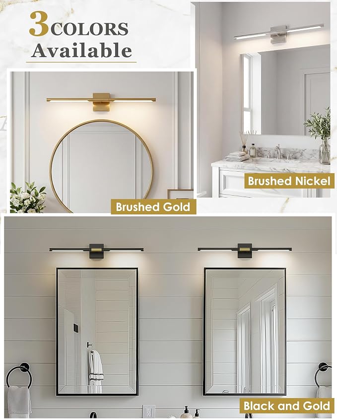 30 Inch Bathroom Light Fixtures, 16W 3CCT Dimmable CRI90 Brushed Gold LED Vanity Lighting Fixtures Over Mirror, 360° Rotatable Modern Bathroom Vanity Light Bar, AD-W9465-L75-GD