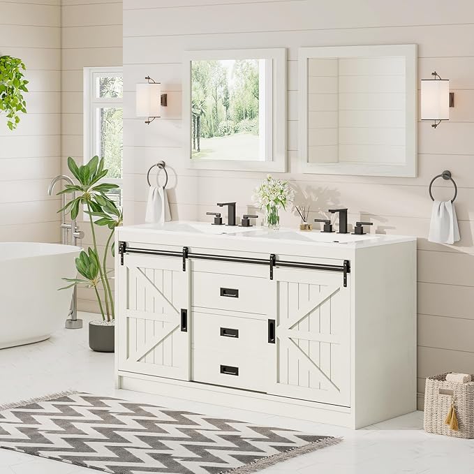 AMERLIFE 61" Farmhouse Double Bathroom Vanity with Sink Combo, Dual Basin Bathroom Storage Cabinet with Sliding Barn Doors & Drawers, Large Double Bath Vanity Sink Set, Rustic White