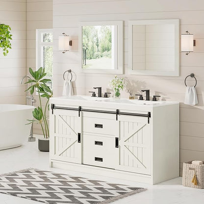 AMERLIFE 61" Farmhouse Double Bathroom Vanity with Sink Combo, Dual Basin Bathroom Storage Cabinet with Sliding Barn Doors & Drawers, Large Double Bath Vanity Sink Set, Rustic White