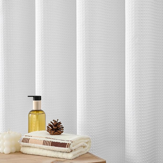 White 256GSM Heavy Duty Waffle Weave Shower Curtain, 72"x72" | with Weighted Hem & Rustproof Metal Grommets - Hotel Spa Luxury Water-Repellent Polyester Bath Curtain for Home,RV,Apartment