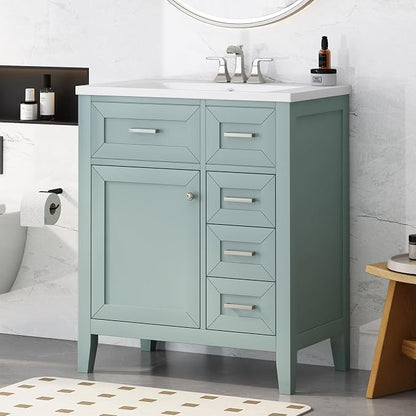 30 Inch Bathroom Vanities with Undermount Ceramic Sink, Storage Cabinet with Soft Closing Doors, Three Drawers and Organizer Rack Shelf, Solid Wood Frame, Green